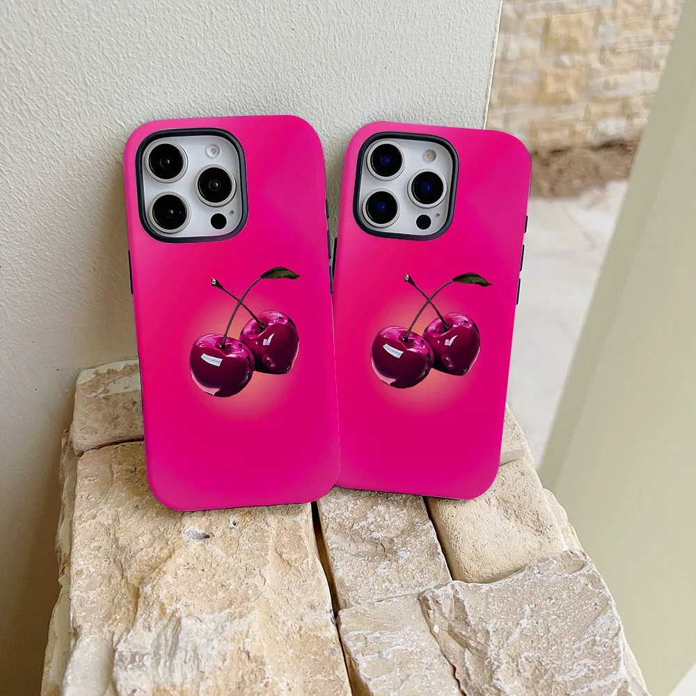 Bright Pink Cherry Motif Phone Case for Samsung Galaxy S22 S23 S24 S25 S26 FE Plus Ultra Edge 4G 5G Luxury Double-layer