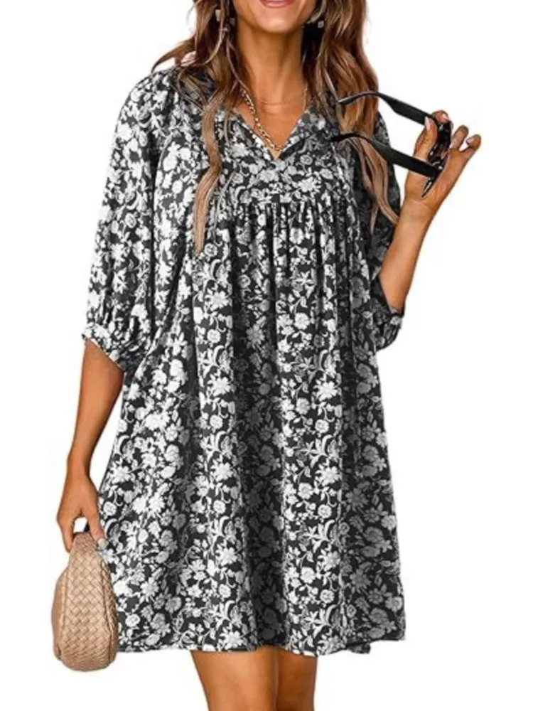 

Dresses Summer 2024 Woman New Floral Print Three Quarter Sleeves V-neck Casual Loose Commuting High Waist Vestidos Spring Summer