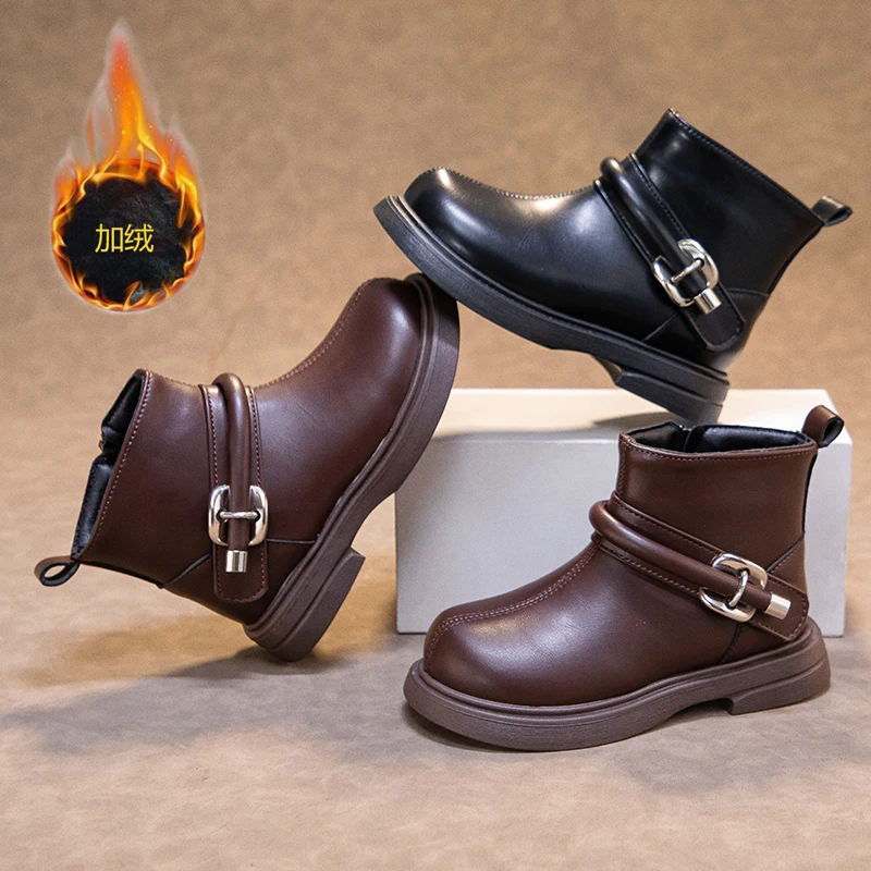 

2025 New Girls Short Boots Fashion Style Children Plush Warm Ankle Boots Side Zipper Winter Kids Fashion Leather Boots