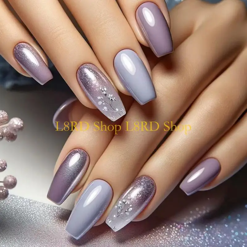 L8rd 24pcs متوسطة الضغط على التدرجات الأظافر الأرجواني المربع الأرجواني مع أظافر كاذبة مع تصاميم الزهور على الأظافر للنساء