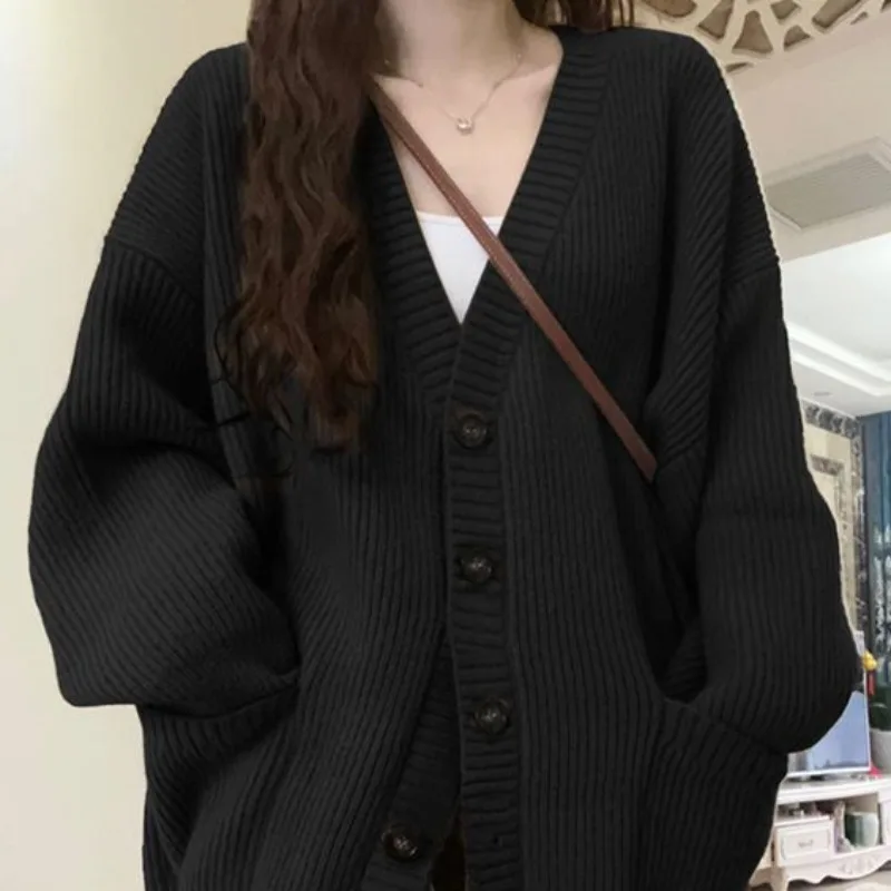 Loose Cardigan Women Long Sleeve V-neck Knitted Black Slouchy All-match Female Autumn Winter Coats Korean Style Chic Baggy Tops