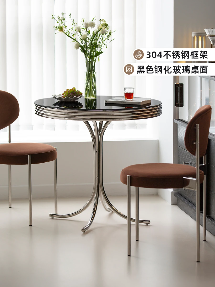 Tempered glass, negotiation table for small household units, stainless steel round, light luxury dining table creativity