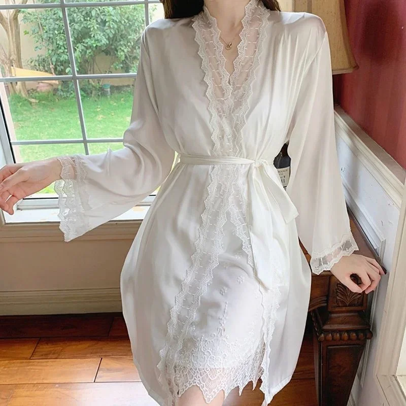 Sexy Dress Nightdress Women Summer Thin Slim Lace Hanging Nightdress Two Piece Set French Pajama Dress With Chest Pad Home