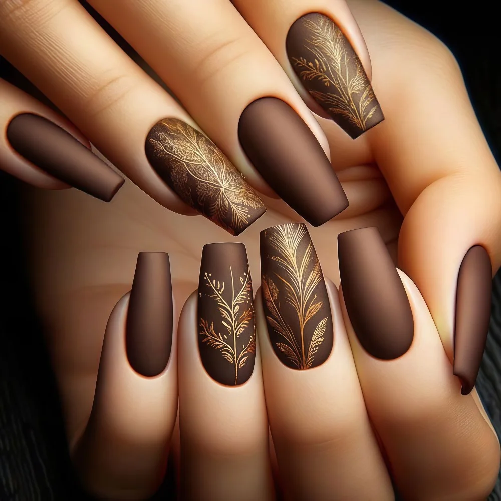 Mittellange künstliche Nägel, braunes Blumenblatt, schwarzes Schmetterlings-Gittermuster, künstliche Nägel für Frauen, Herbst-Winter-Nägel zum Aufdrücken