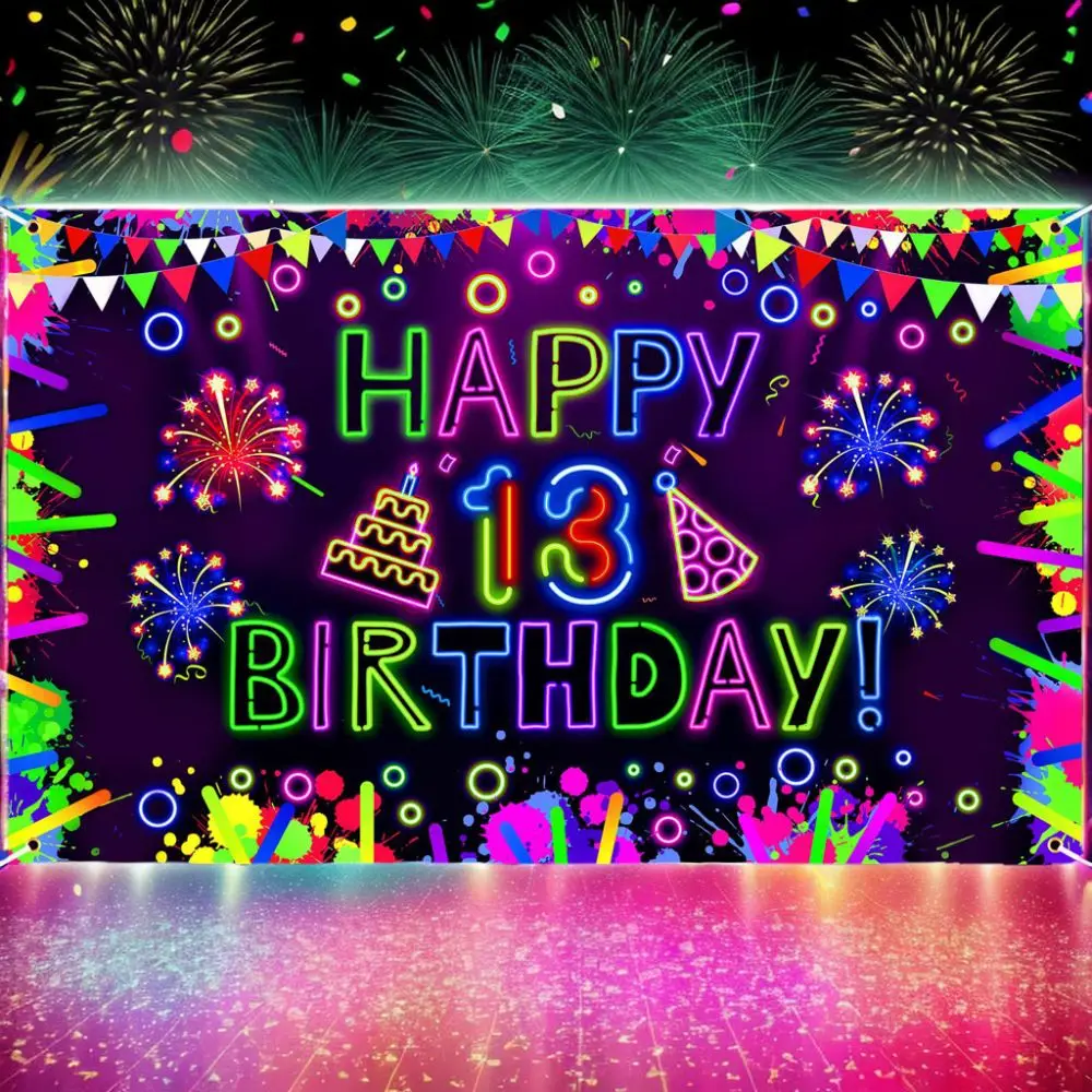 Party Backdrop Polyester Neon Happy 13th Birthday Party Decorations Boys