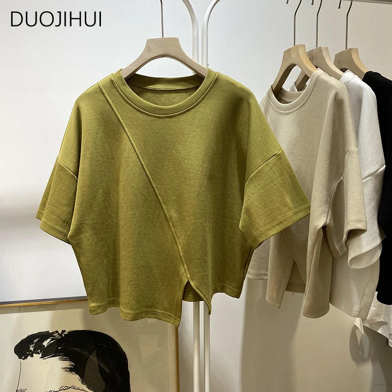 DUOJIHUI Green Summer Classic Irregular Chic Split Women T-shirts Korean Basic O-neck Solid Color Fashion Simple Female T-shirts