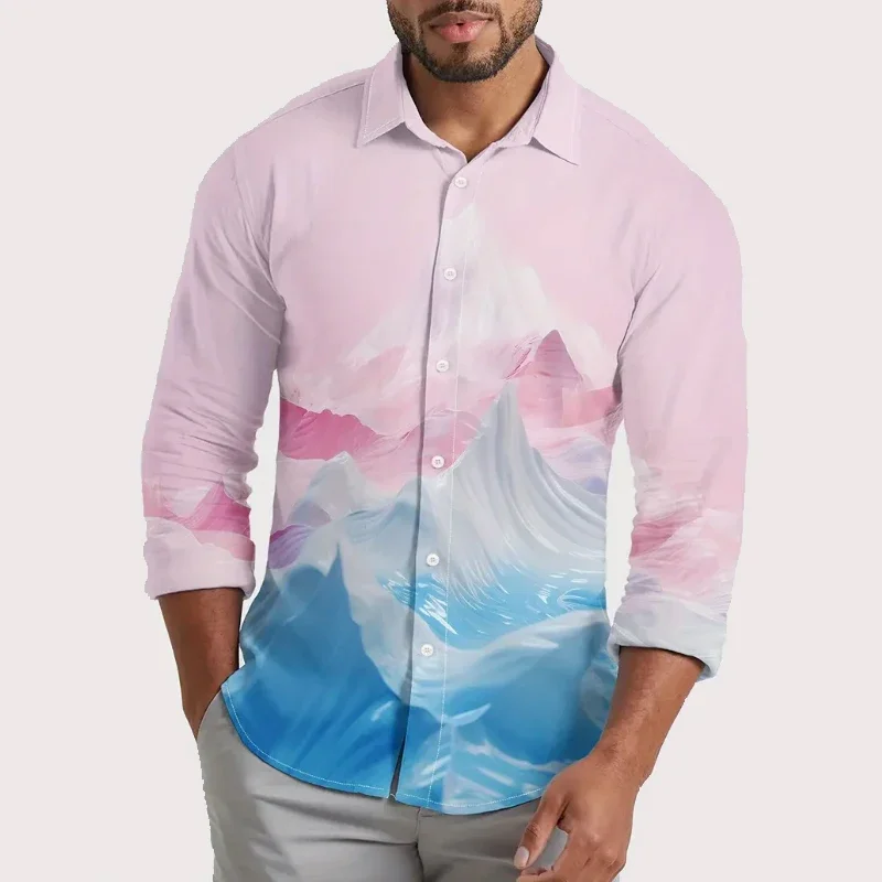 2024 nova pintura de paisagem camisa de manga longa moda personalidade lapela botão casual cardigan camisa oversized XS-6XL