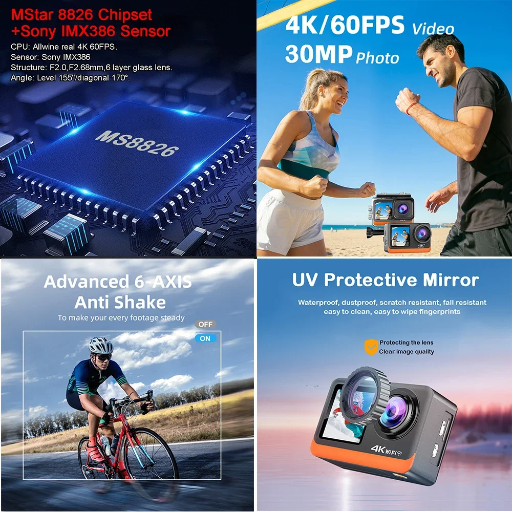 Action Camera 4K60FPS 30MP Dual Screen Touch Wi-Fi EIS 170° Pre-record Optional 6 Filter 1080P Webcam Underwater 30M Sport Cam - Detail 1