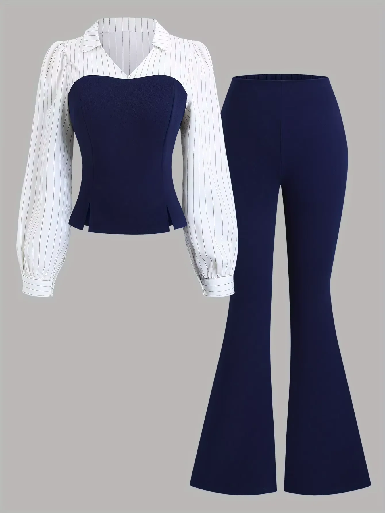 

plus Size Chiffon Top And Striped Flared Pants Two-Piece Set for Girls Casual Fashionable Spring Autumn Wear