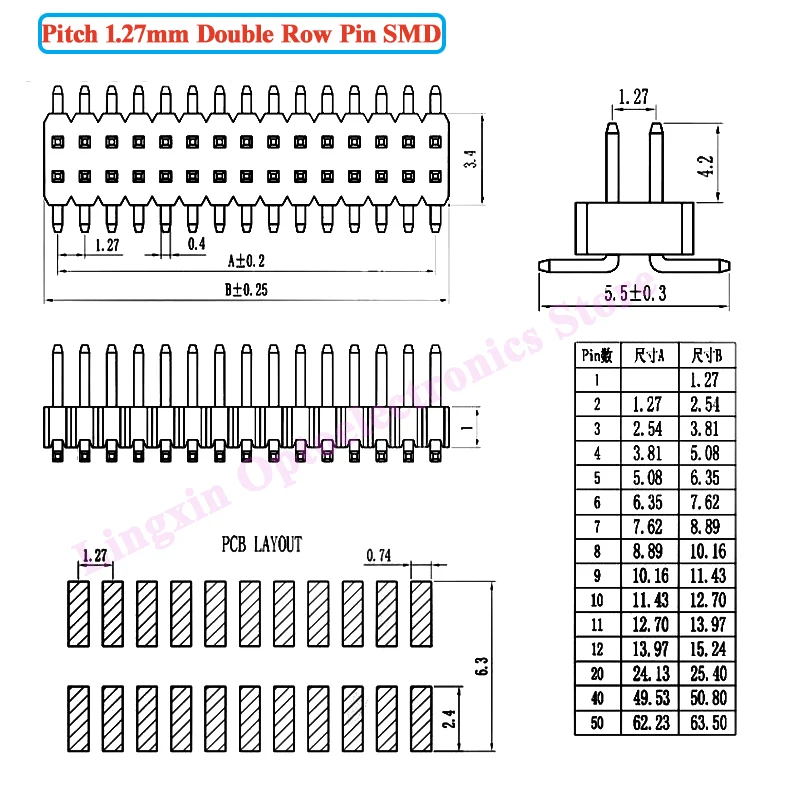 10PCS 1.27mm Strip Double Row Male Pin Header Connector 1.27 SMD SMT Pinheader Socket 2*3/4/5/6/7/8/10/12/15/20/40/50Pins