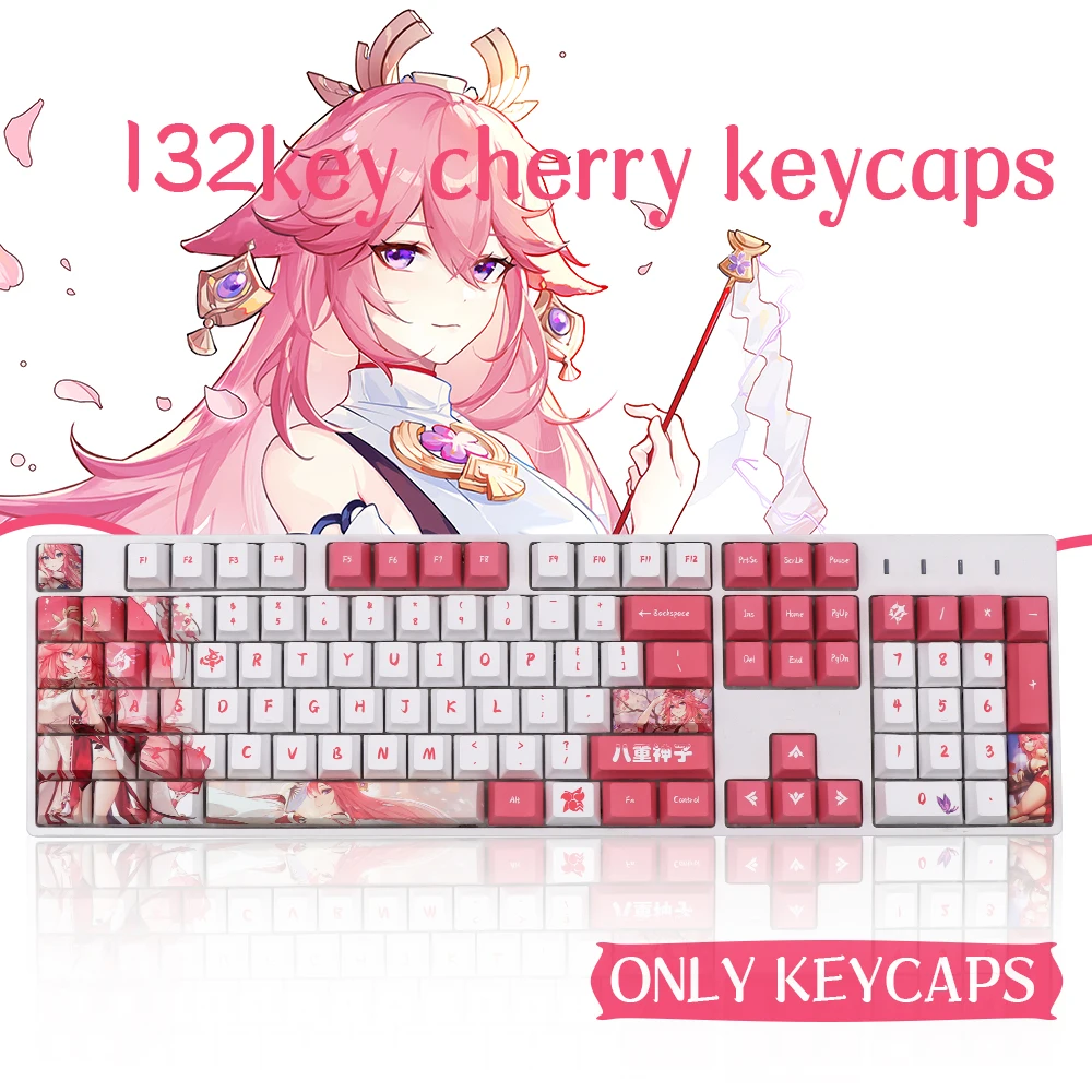 Genshin Tác Động Diệp Hách Balo Mikkor Keycap PBT 132 Cái Anh Đào Hồ Sơ Hồng Trắng Keycaps Cá Tính Cơ Nhuộm Phụ