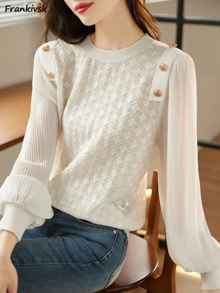 

Pleated Sweaters Women Spliced Sheer Advanced O-neck French Style Retro Spring Summer Cozy Slouchy Stylish Casual Office Lady