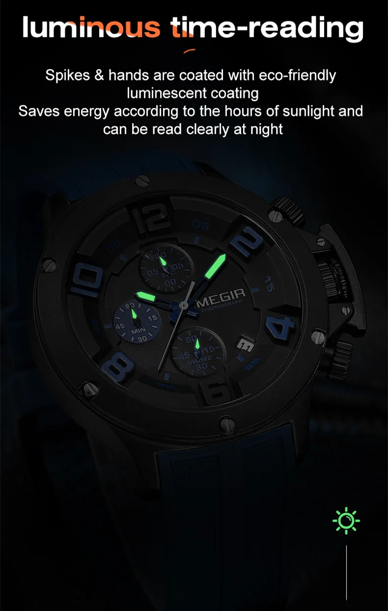 MEGIR Black Silicone Sports Watch Men Military Quartz Wrist Watches Waterproof Luminous Calendar Chronograph Clock Reloj Hombre