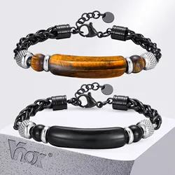 Vnox Natural Stone Tiger Eye Bar Beads Bracelets for Men, Adjustable Stainless Steel Wheat Chain Link Bracelet, Punk Jewelry