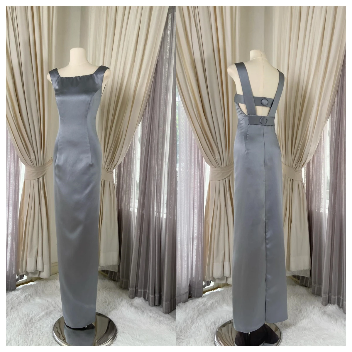 

Customized Fashion Grey Satin Evening Dress Square Collar Cap Sleeve Sleeveless Bridal Party Special Occasion Gowns Temperament