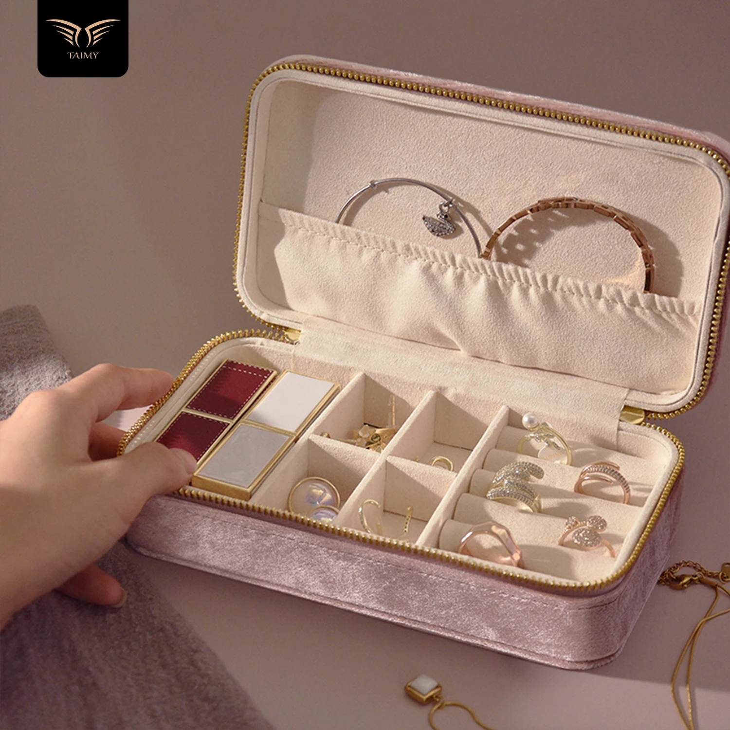 TAIMY Plush Velvet Jewelry Box Ring Necklace Storage Organizer Personalized Gift Free Custom Logo Jeweler Store Packaging Case