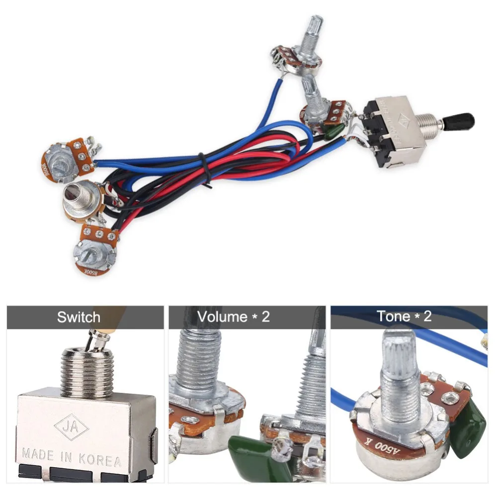 ​2 Volume 2 Tone Guitar Wiring Harness​ ​3-Way Toggle Switch​ ​500K Potentiometers​ For ​Les Paul Wiring​ ​1/4