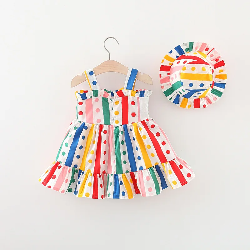 Summer New Girl Baby Sling Dress with Colorful Stripe Polka Dot Children\'s Princess Dress Comes with Sun Visor Hat 0-3 Years Old