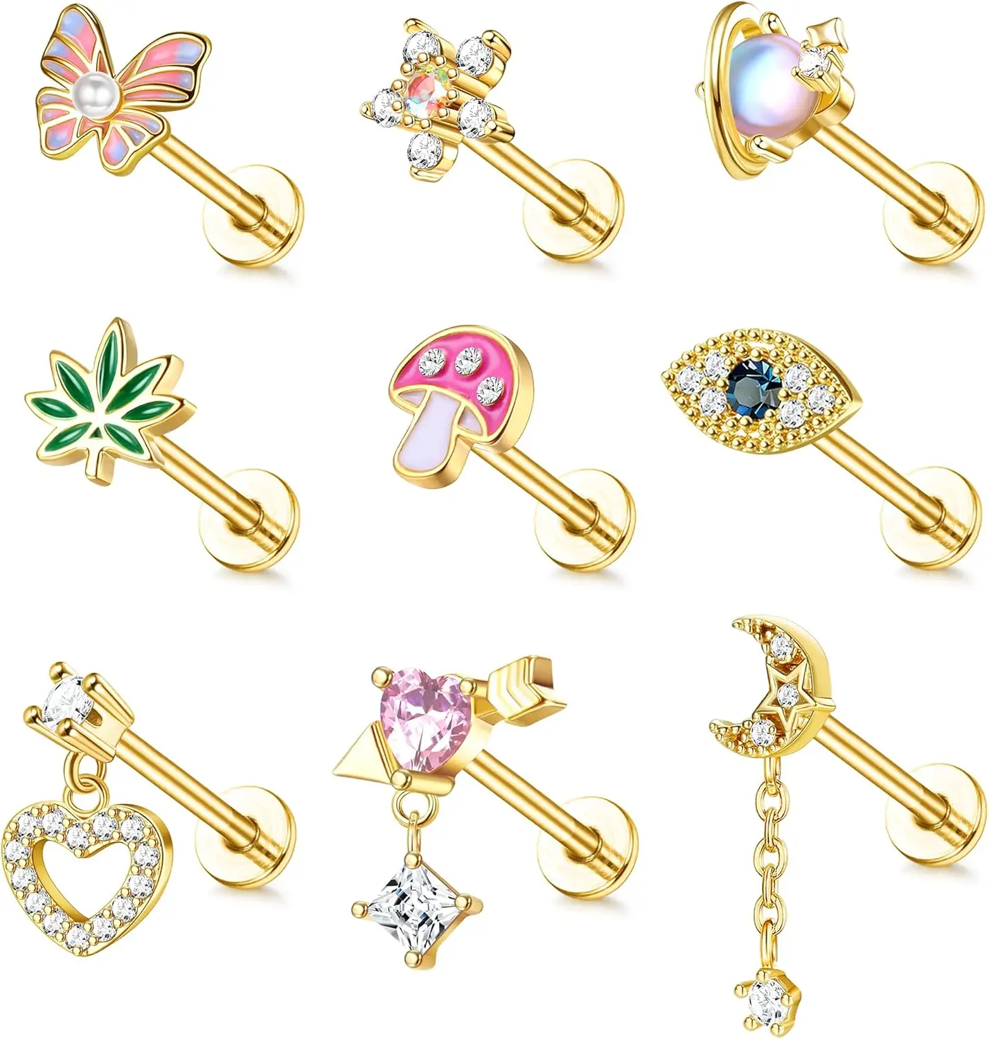 

Drperfect 16G Surgical Steel Cartilage Earrings Set for Women Cute Studs Flower Butterfly Labret Tragus Helix Piercing Jewelry