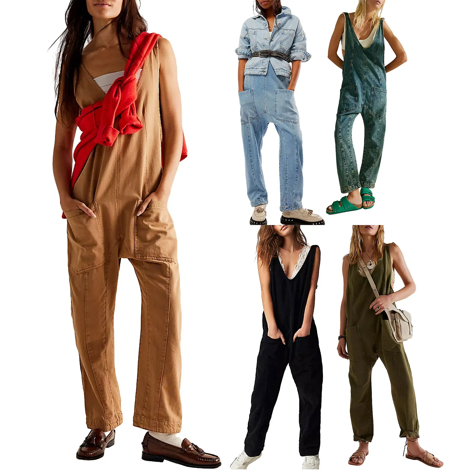 Women Oversized Denim Bib Overalls Solid Color Loose Jumpsuit Romper Slouchy Relaxed Fit Jumpsuits with Pockets for Streetwear