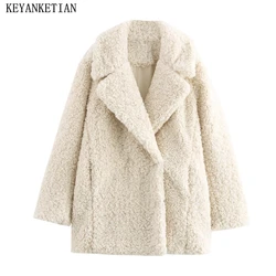 KEYANKETIAN 2024 Winter New Women's Faux Fur Teddy Bear Coat Street style Covered Button Thick Warm Oversize Greatcoat Blazer