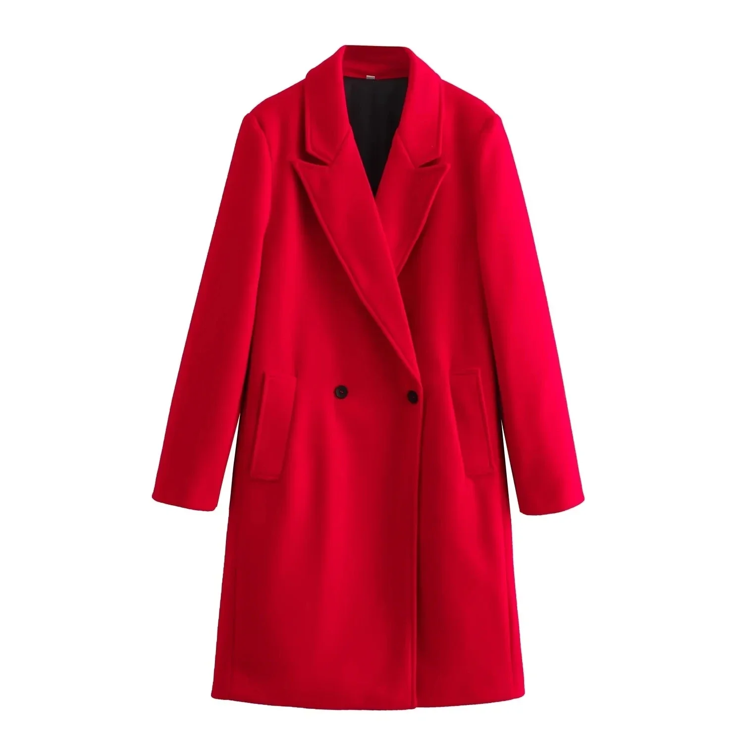 TRAF Woman Long Coat Double-Breasted Red Winter Coat For Women Long Sleeve Faux Wool Coats And Mixtures Warm Women\'s Jackets