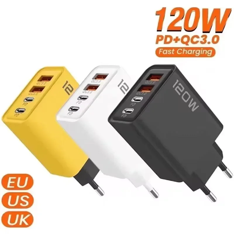 120W 4 Port USB Type-C Charger Fast Charging PD Mobile Phone Quick Charge 3.0 Wall Adapter For iPhone 18 Samsung Huawei Xiaomi