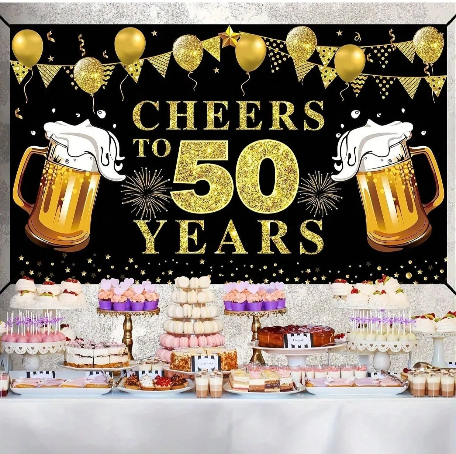 Schwarz-goldenes Banner mit Bier-Motiv als Fotohintergrund, Dekoration für die 50. Geburtstagsfeier für Erwachsene, Fotostudio-Hintergrund – Detail 5