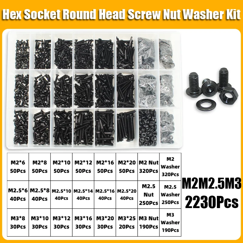 2510-teiliges Rundkopfschrauben-Set M2 M2.5 M3 M4 M5 M6 10.9 Güteklasse Schwarz Innensechskant-Knopfkopfschrauben mit Allen-Antrieb, Schrauben, Muttern und Unterlegscheiben – Detail 7
