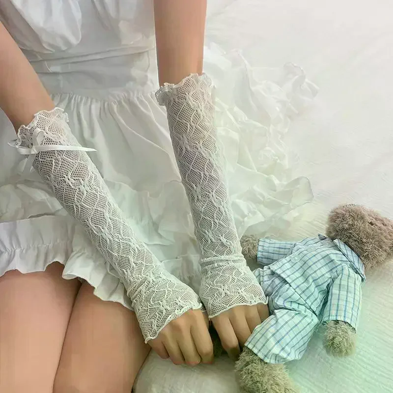 /HTF/Ruffle Y2k Gloves Fingerless Gloves Mittens JK Lolita Kawaii Women Mesh Fishnet Bowknot Gloves Lace