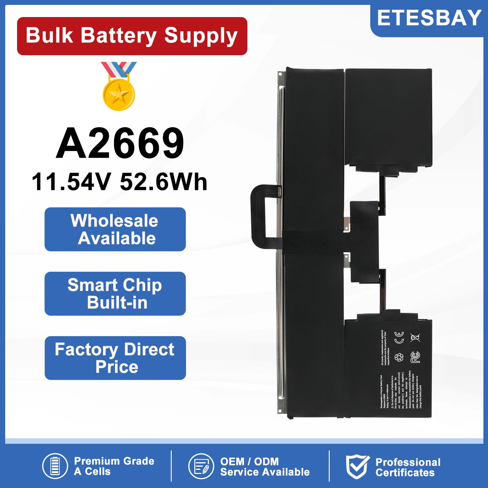 ETESBAY A2669 4561mAh Laptop battery For Apple MacBook Air 13 inch M2 2022 Year A2681 11.54V 52.6WH