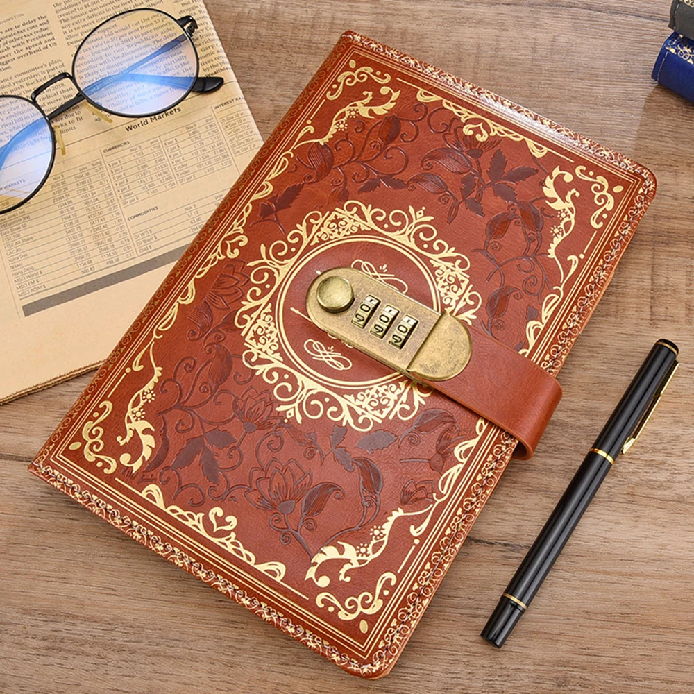 Vintage Password Notebook A5 Portable Diary With Lock Student Note Stationery PU Leather Notepad Creative Secret Ledger Book