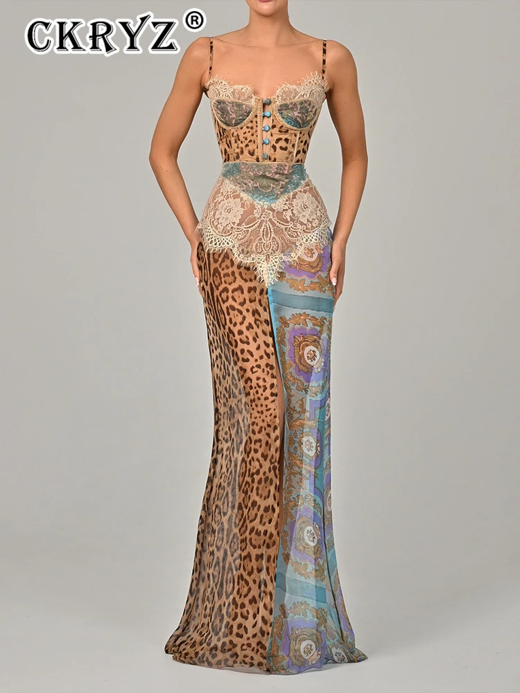 

Ladies Leopard Print Lace Split Sexy Maxi Dress Women Elegant Patchwork Chiffon Sleeveless Backless Beach Evening Dress Fashion