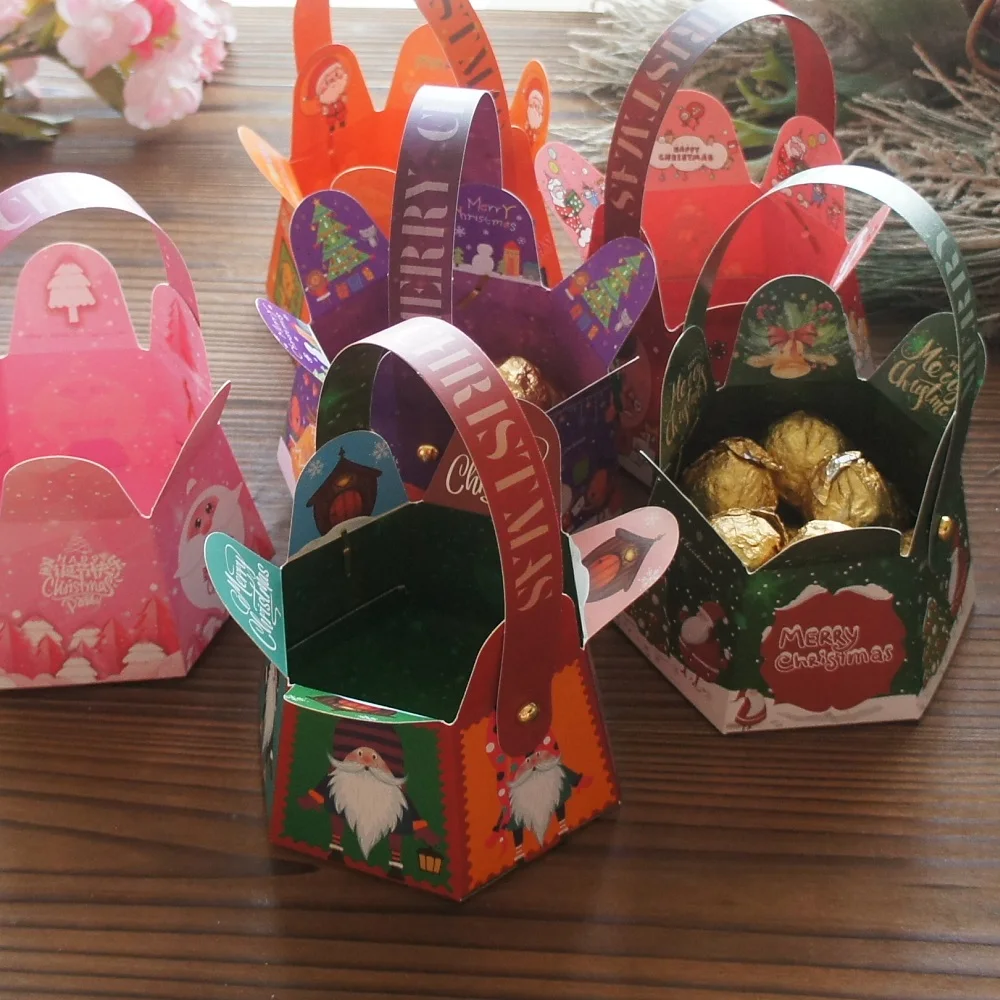 

12pcs Christmas Gift Basket Design Paper Box with Handle Chocolate Candy Soap Candle Cookie Gift Packaging Party Favors Decor