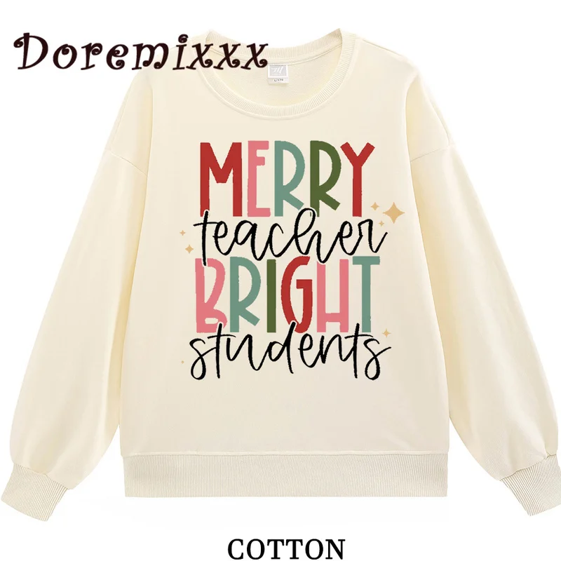 

Chrstmas Sweatshirts Round Neck Casual Tops Autumn Merry Teacher Bright Students Hoodies Long Sleeve Pullovers Women Clothes