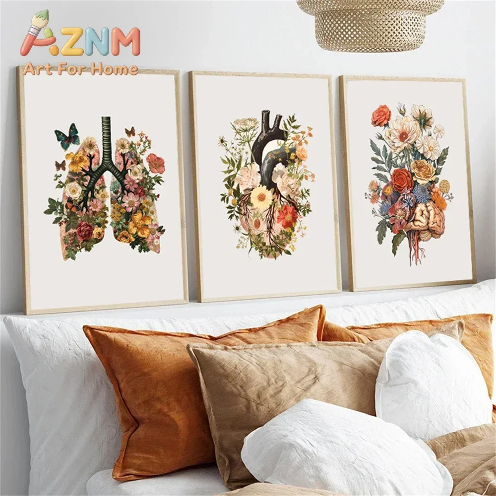 AZNM Floral Human Anatomy Canvas Wall Art Heart Lung Brain Vintage Botanical Medical Art Print Unframed Canvas Poster for Home D