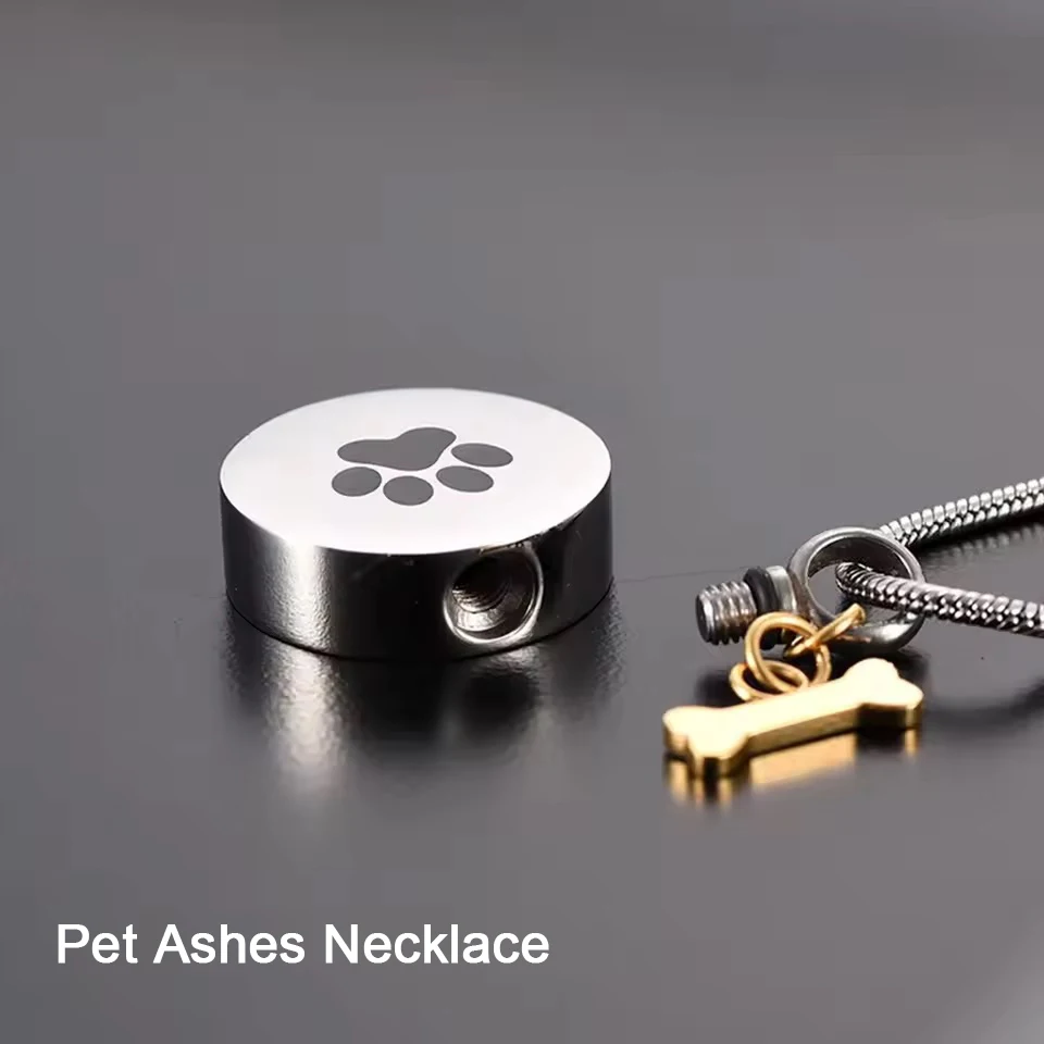 Round Pet Paw Print Urn Pendant for Ashes with Dog Bone Stainless Steel Customizable Memorial Necklaces Keepsake Ashes Jewelry