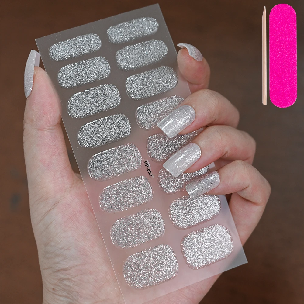 16pcs Silver Glitter Semi Cured Gel Nail Strips Adhesive Waterproof Long Lasting Gel Nails Stickers UV Lamp Need Nails Stickers