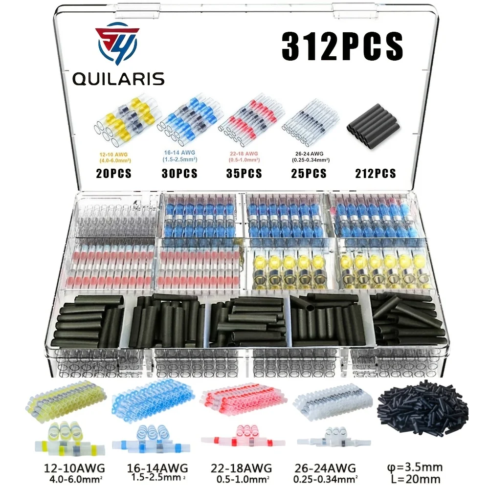 312PCS solder sealing wire connectors, marine-grade heat shrink wire butt connectors AWG 26-10, with detachable storage box, suitable for waterproof wire welding terminals in ship electrical and automotive applications (5 colors/5 sizes)