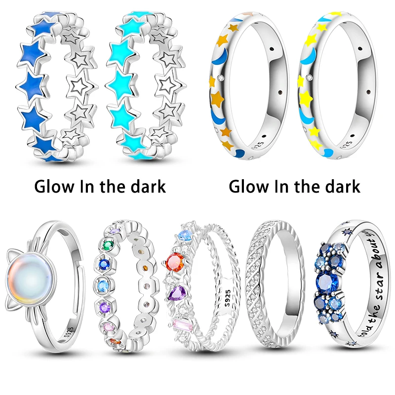 Popular Glow In The Dark Rings For Women 925 Silver Star Moon Sun Rings Sparkling Cubic Zircon Exquisite Jewelry Gifts