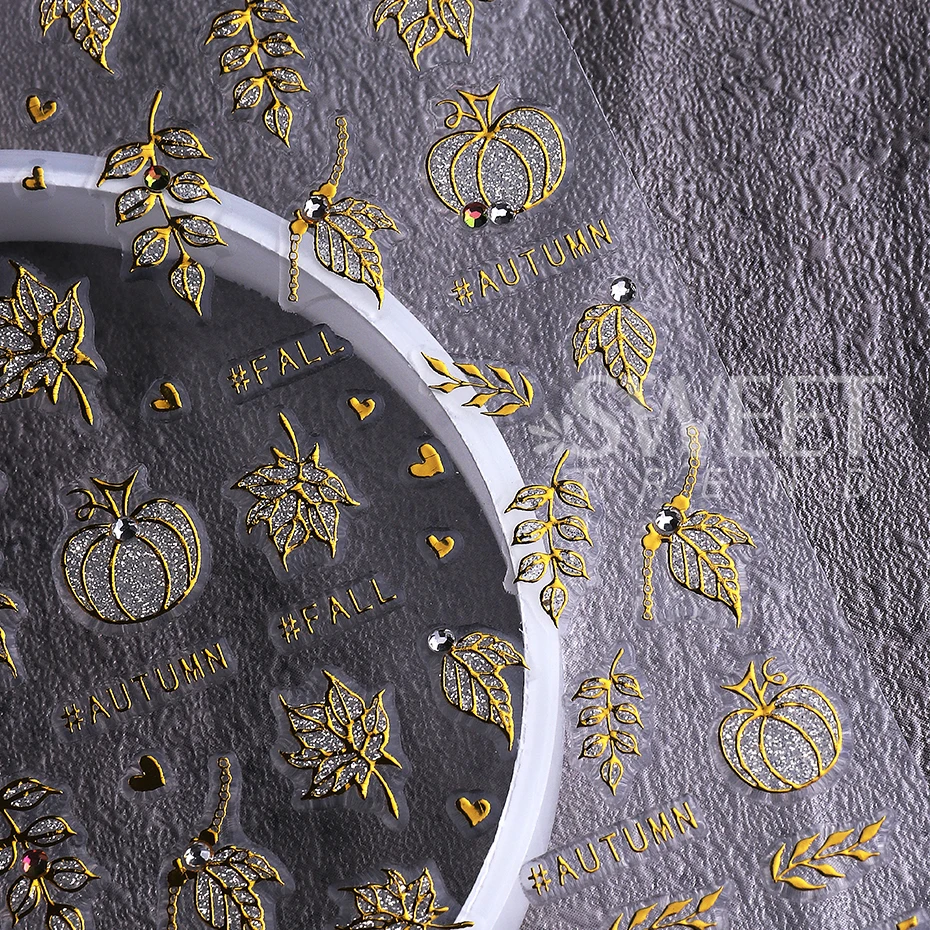 Autocollant pour ongles, feuilles d'érable citrouille d'automne, avec strass, ligne métallique, paillettes argentées, curseur, décoration de manucure, 2 pièces