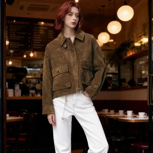2025 Autumn Winter New Women Retro Suede Short Loose Casual Multi Pocket Design Trendy Elegant Style