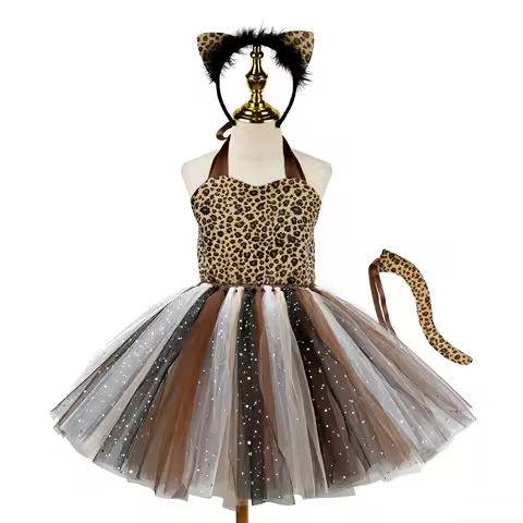 Kids Jungle Party Animal Costume for Girls Leopard Safari Full Set for Birthday Halloween Dress Up Clothes