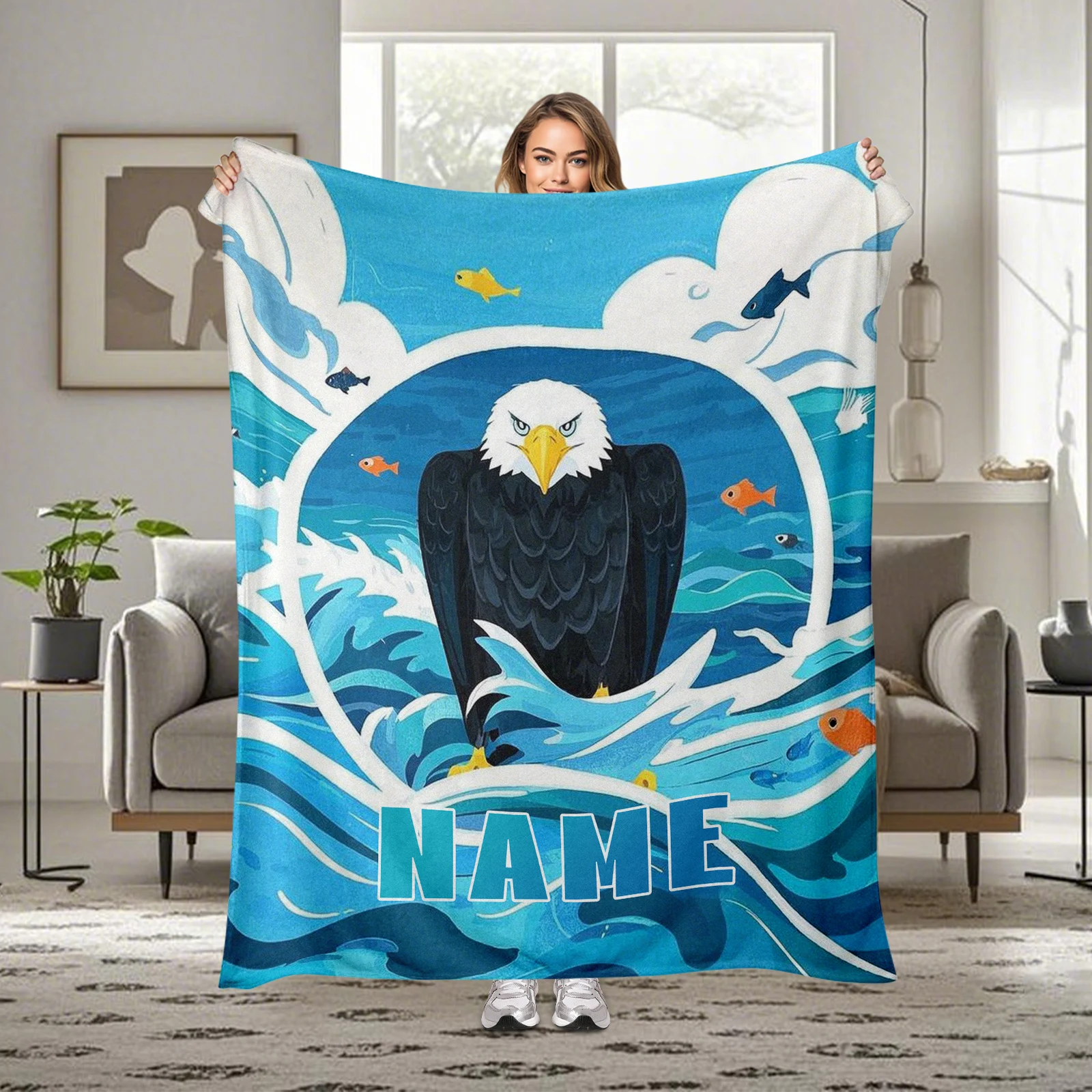 

Warmth And Comfort In This Cartoon Style Bald Eagle Flannel Blanket With A Personalized Initial