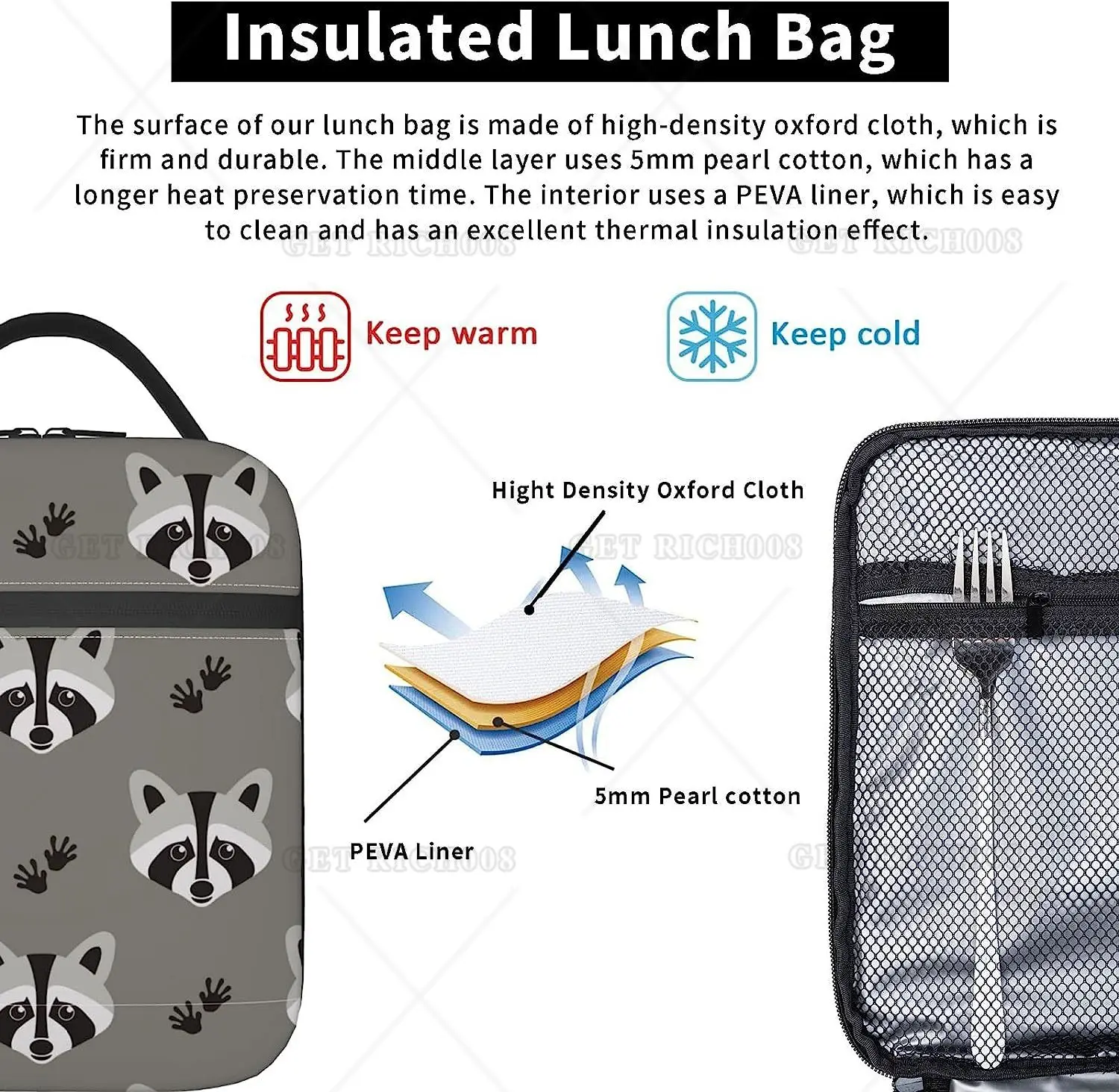 Raccoon Lunch Box Insulated Soft Bag Reusable Cooler Bag for Women Men Work Picnic Hiking Lunch Bag One Size Tote with Lunch Bag