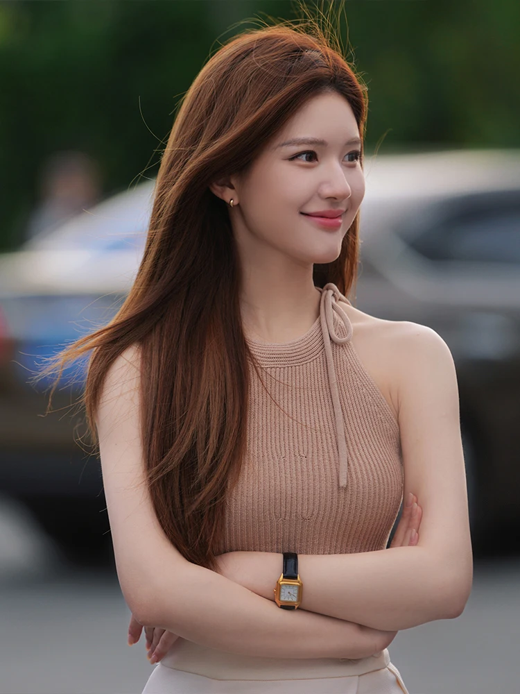 

Zhaolu Si Knitted Strap Vest Women Summer oulder Exposure High-End Feeling Celebri Inner Match Hanging Ne Svel Top