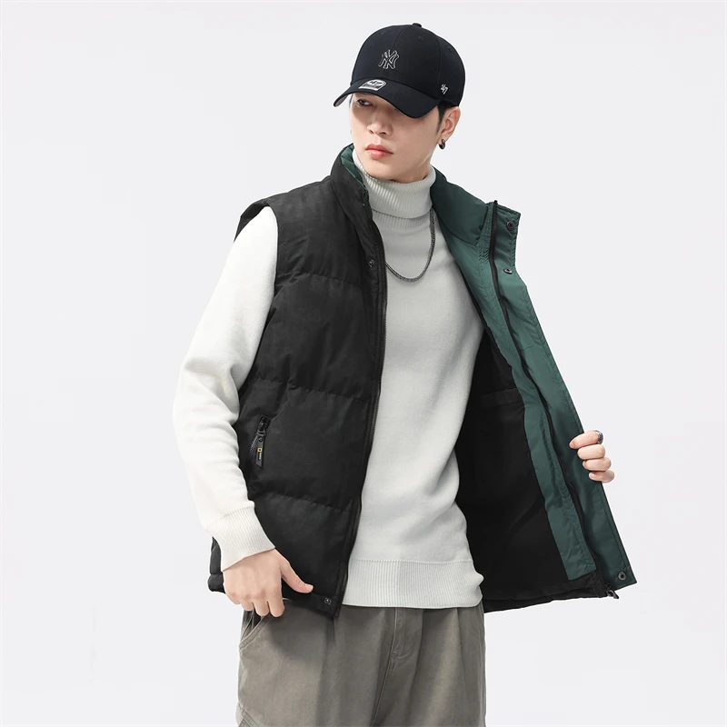 Warm Casual Men's Vest Stand Collar Fashionable All-Match Winter Cotton Youth Clothing Thickened Polyester Fiber Zipper