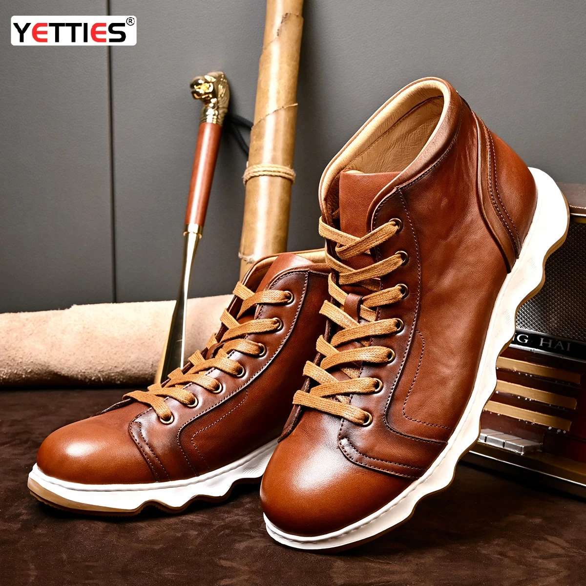 

Extremely Lightweight Men's Ankle Boots, Genuine Leather Soft Sole Comfort Lace-Up Casual Fashion Round Toe Boots For Men