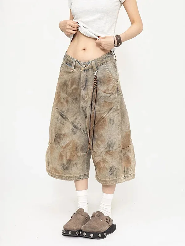 

Retro American Sle Distred Tie Dye Denim orts Men's Loose Straight Leg Workwear Pants Summer Thin Seven-Foot Pants