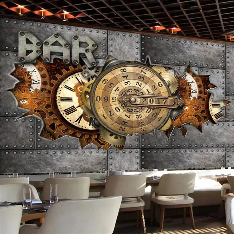 3D Wall Paper Iron Sheet Hole Metal Gear Clock Rock Theme Custom Wallpaper ForBar KTV Industrial Decor Background Wall Mural